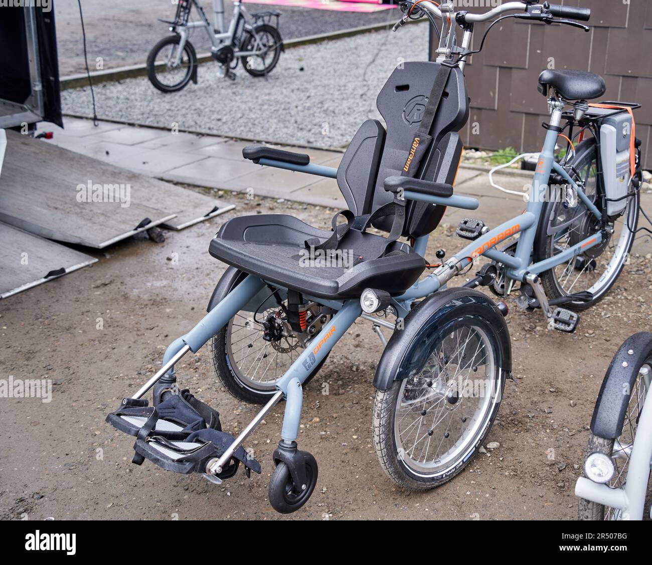 Braunschweig, Germany, March 5, 2023: Vanramm electric trike with a safe child seat built in front of the handlebars Stock Photo