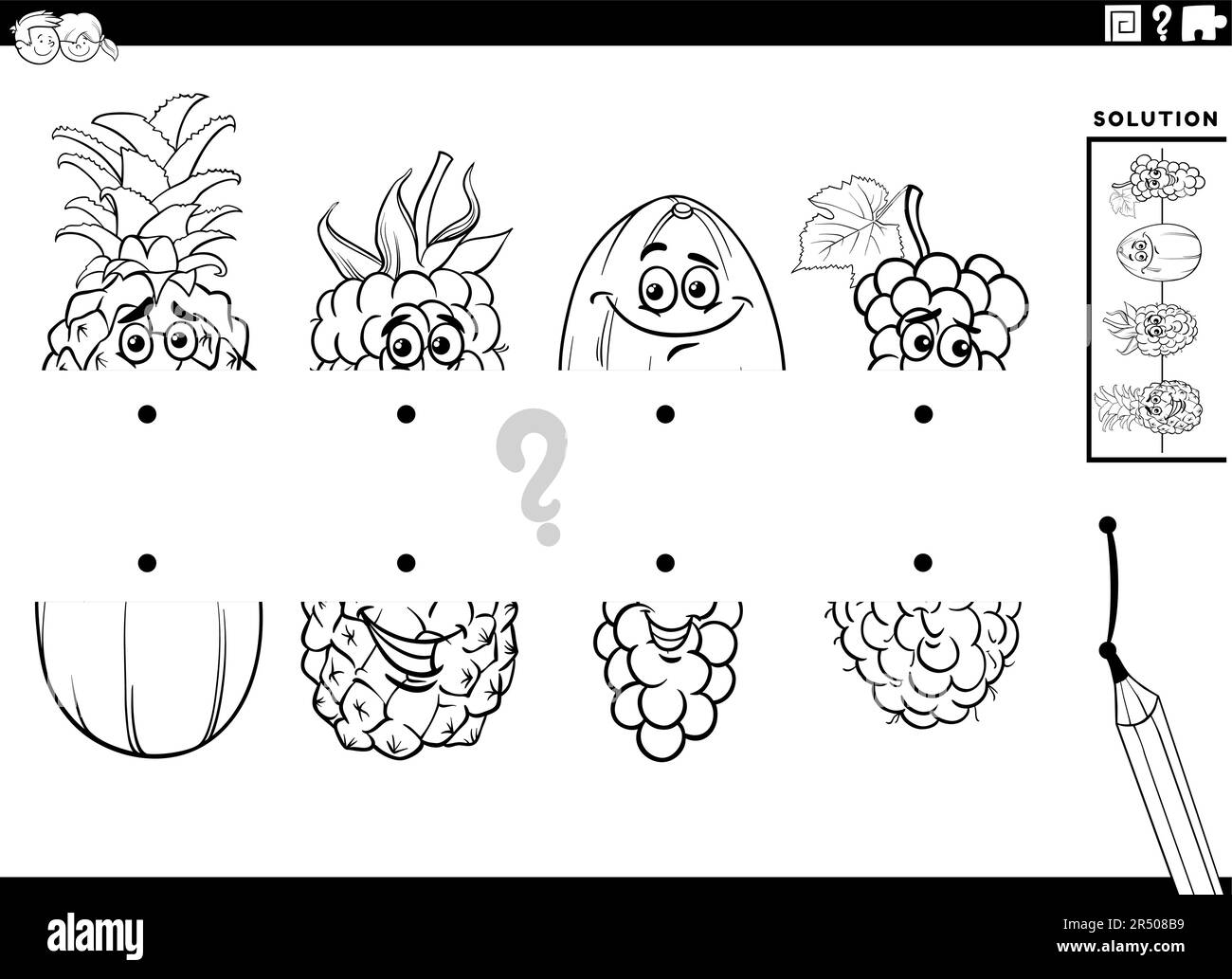 Black and white cartoon illustration of educational game of matching halves of pictures with fruit characters coloring page Stock Vector