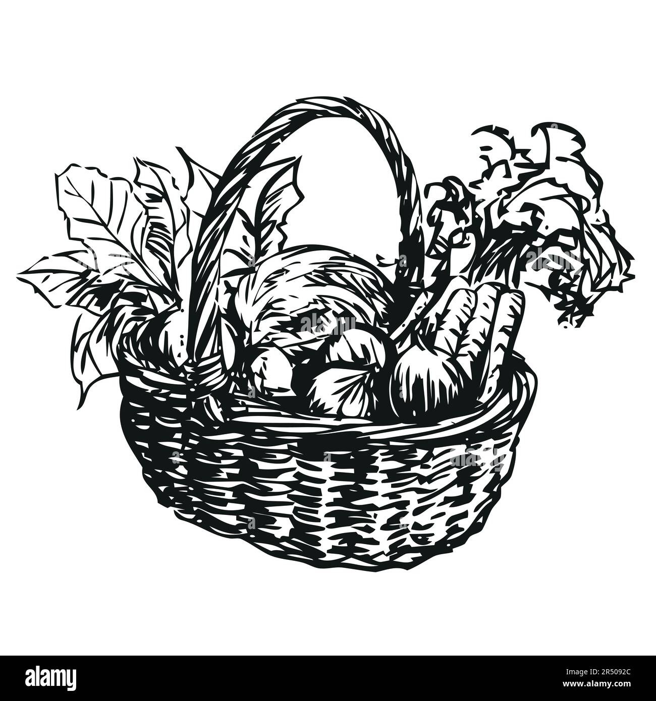 vegetable basket vegetables in a wicker basket, black and white
