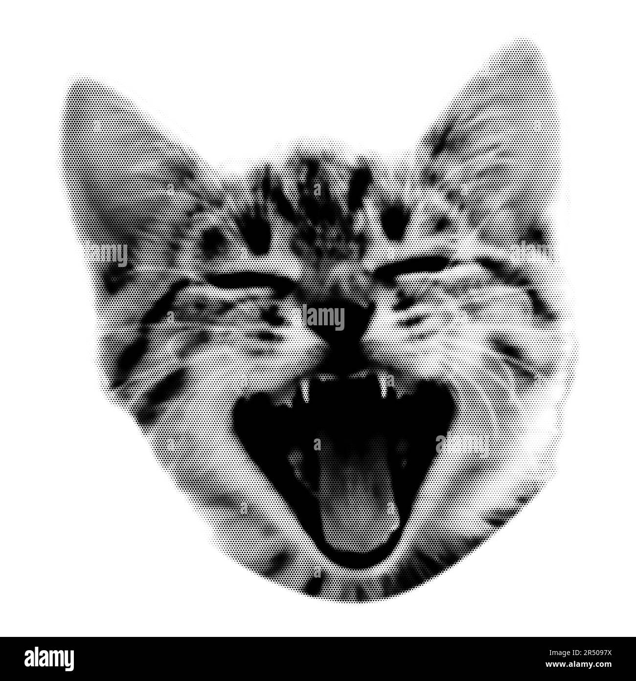 Screaming cat collage. Design element in trendy dotted pop art style. Retro halftone effect. Vector illustration with vintage grunge punk cutout shape Stock Vector