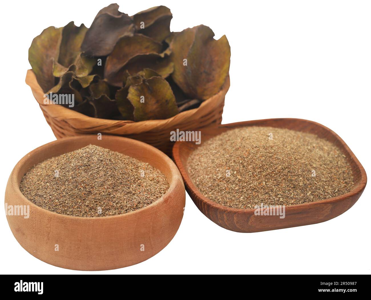 Ayurvedic arjun fruit with ground powder in bowl Stock Photo