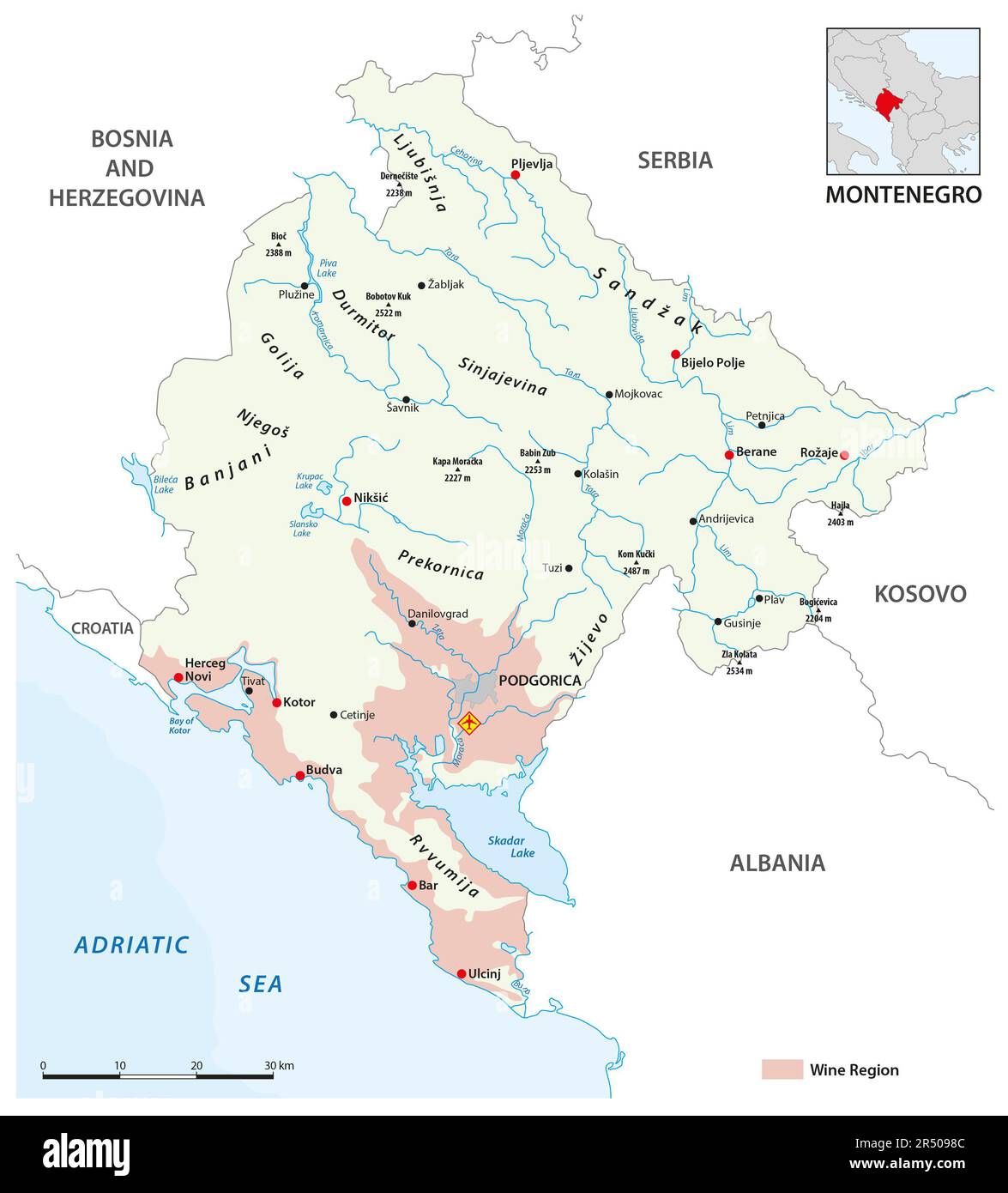 vector map of montenegrin wine regions, Montenegro Stock Photo