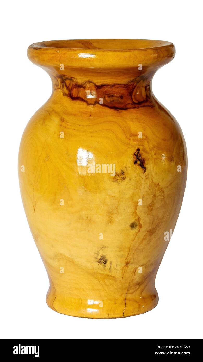 Vase or urn in lacquered yew wood, isolated on white background Stock Photo