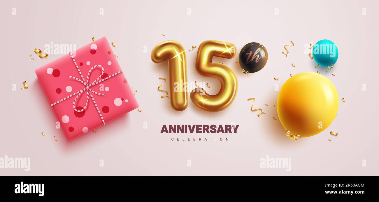 Anniversary 15th celebration vector design. Happy 15th anniversary text with number fifteen metallic gold balloon and gift box elements. Vector Stock Vector
