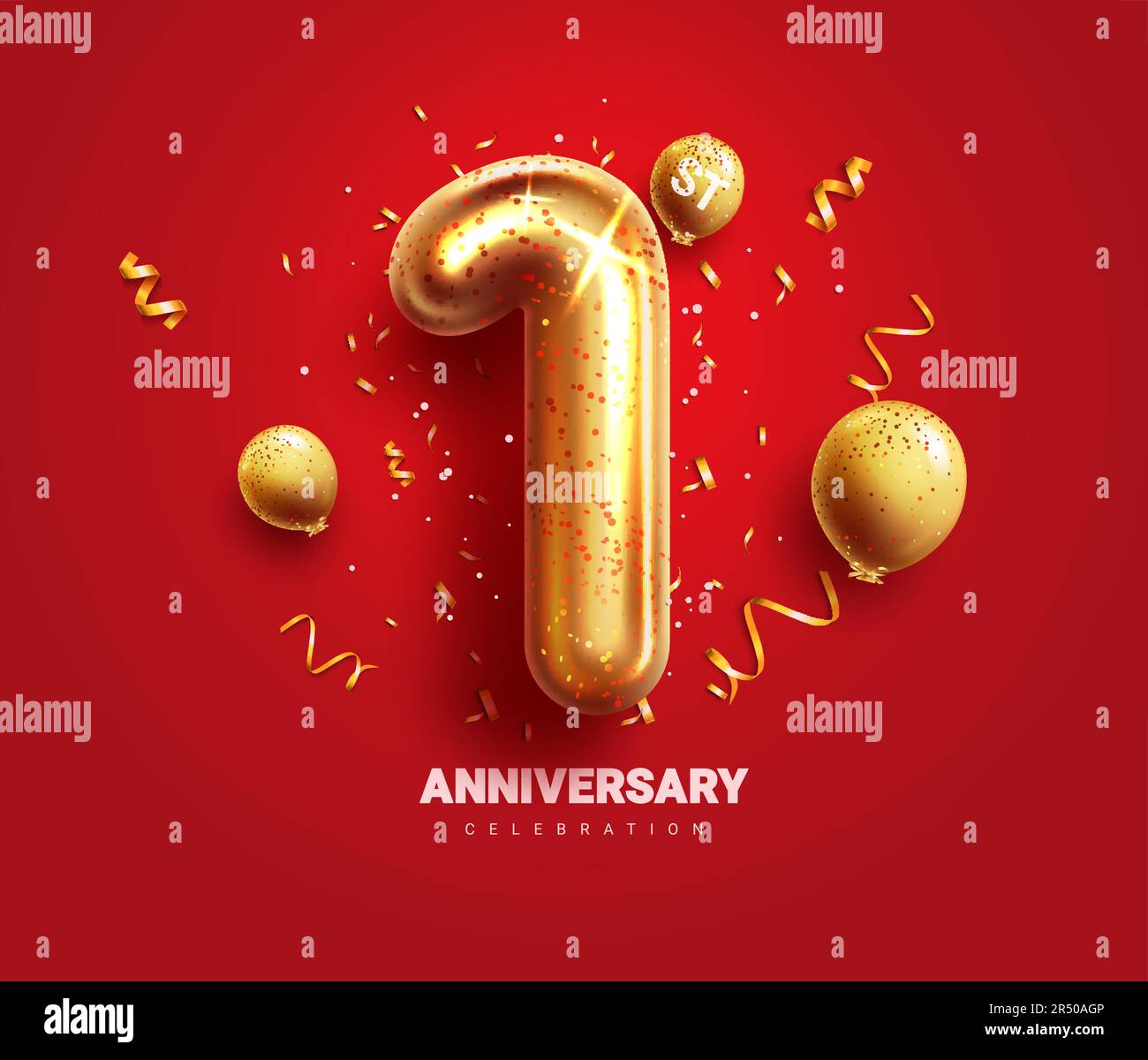 1st anniversary vector design. First year anniversary celebration with number one gold metallic color balloon elements. Vector illustration greeting Stock Vector