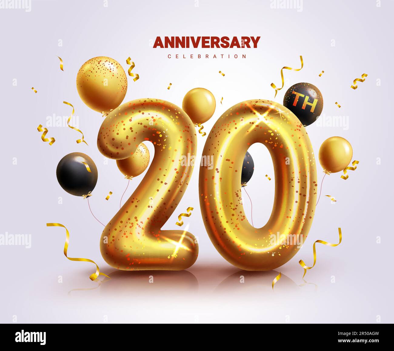 20th anniversary vector design. Anniversary 20th celebration greeting card decoration with twenty gold metallic balloon elements. Vector illustration Stock Vector