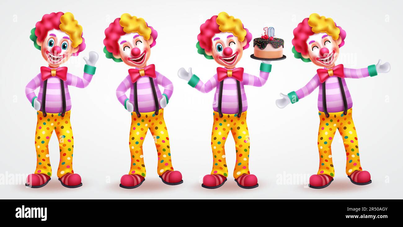 Clown character vector set design. Birthday clown, mascot, buffoon and joker characters in standing poses. Vector illustration funny comedian cartoon Stock Vector