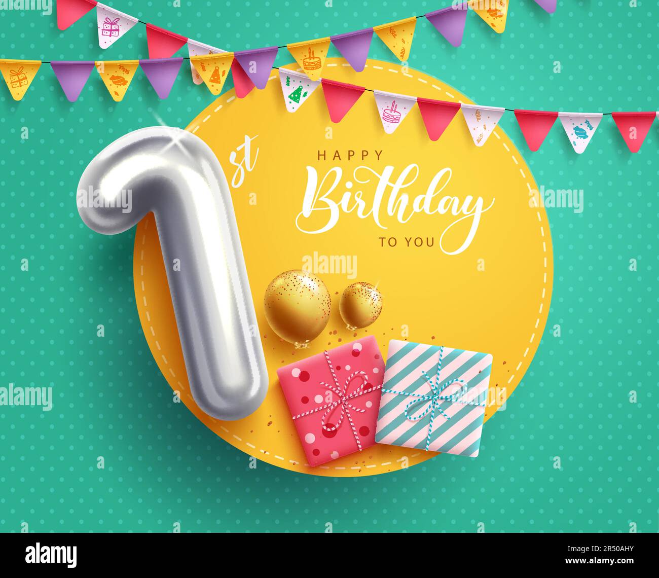 Birthday 1st vector template design. Happy birthday text in empty space with number one silver balloon decoration. Vector illustration greeting Stock Vector