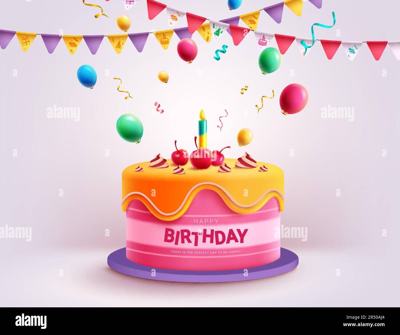 Birthday cake vector design. Happy birthday text in yummy dessert cake with colorful balloons and pennants party elements. Vector illustration Stock Vector