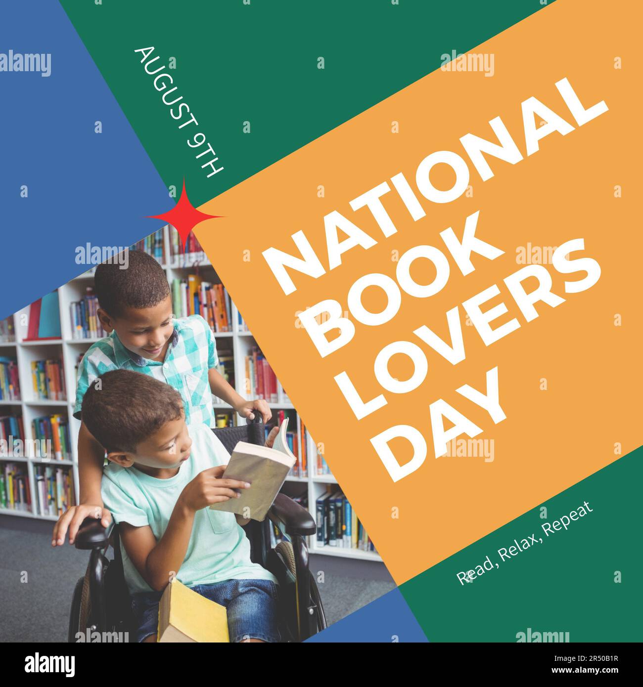 National book lovers day text with diverse boy in wheelchair and friend reading in library Stock Photo