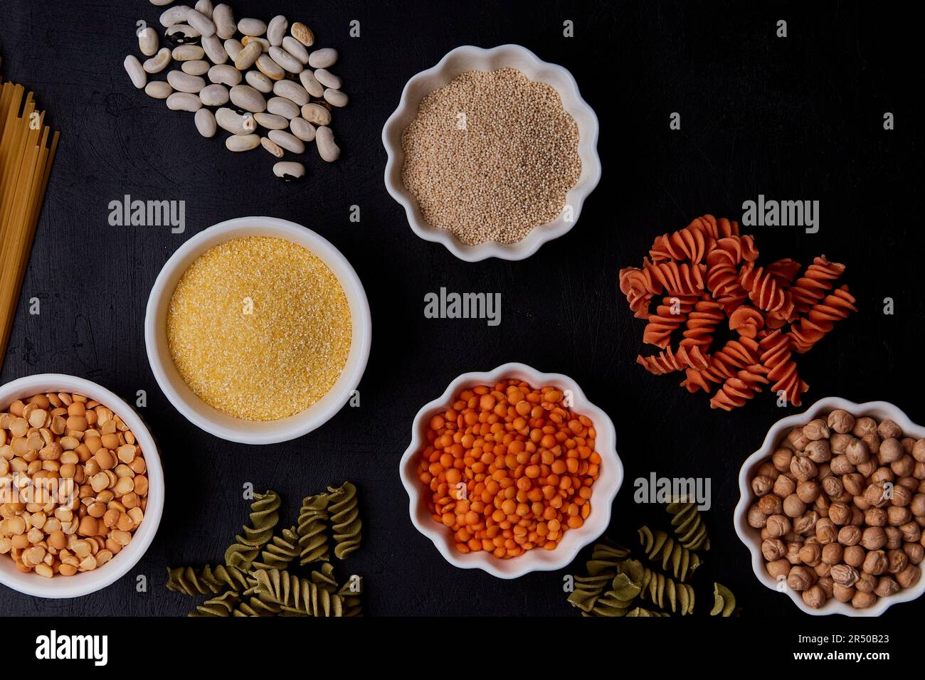 High key set of cereals and gluten free pasta ingredients, beans