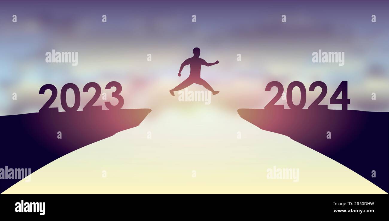 man jumping over a cliff from 2023 to 2024 happy new year Stock Vector