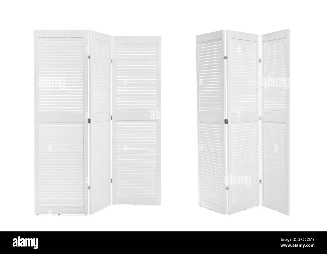 Set with photos of wooden room divider screen on white background Stock