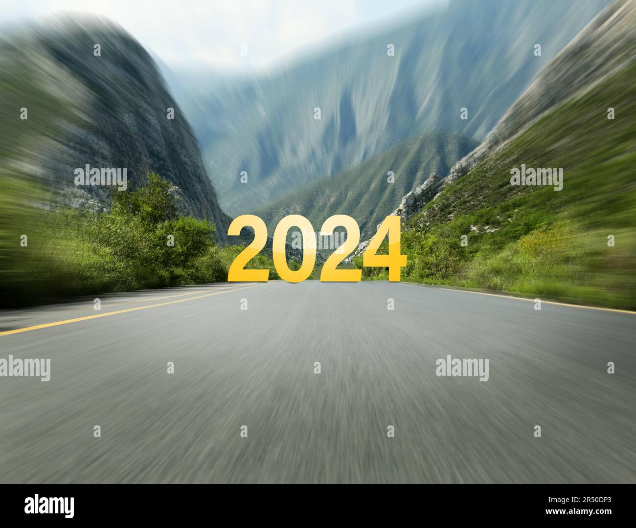 Start of new 2025 year. Asphalt road leading to numbers, motion effect Stock Photo Alamy