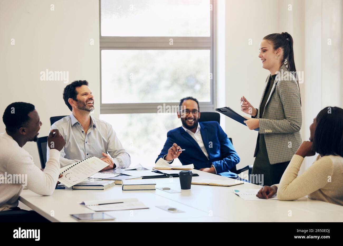 Planning, happy and a woman in a meeting with business people for a ...