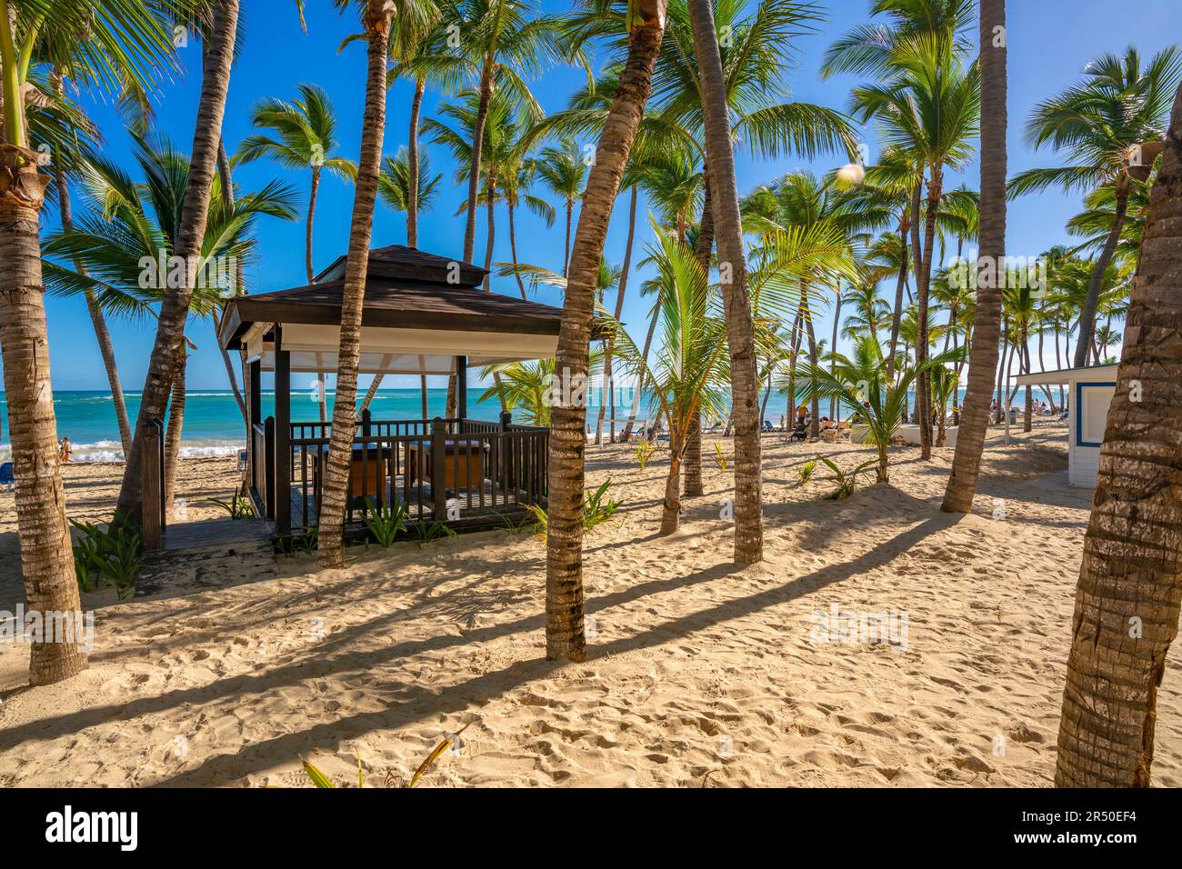 View of massage hut on Bavaro Beach, Punta Cana, Dominican Republic, West Indies, Caribbean, Central America Stock Photo
