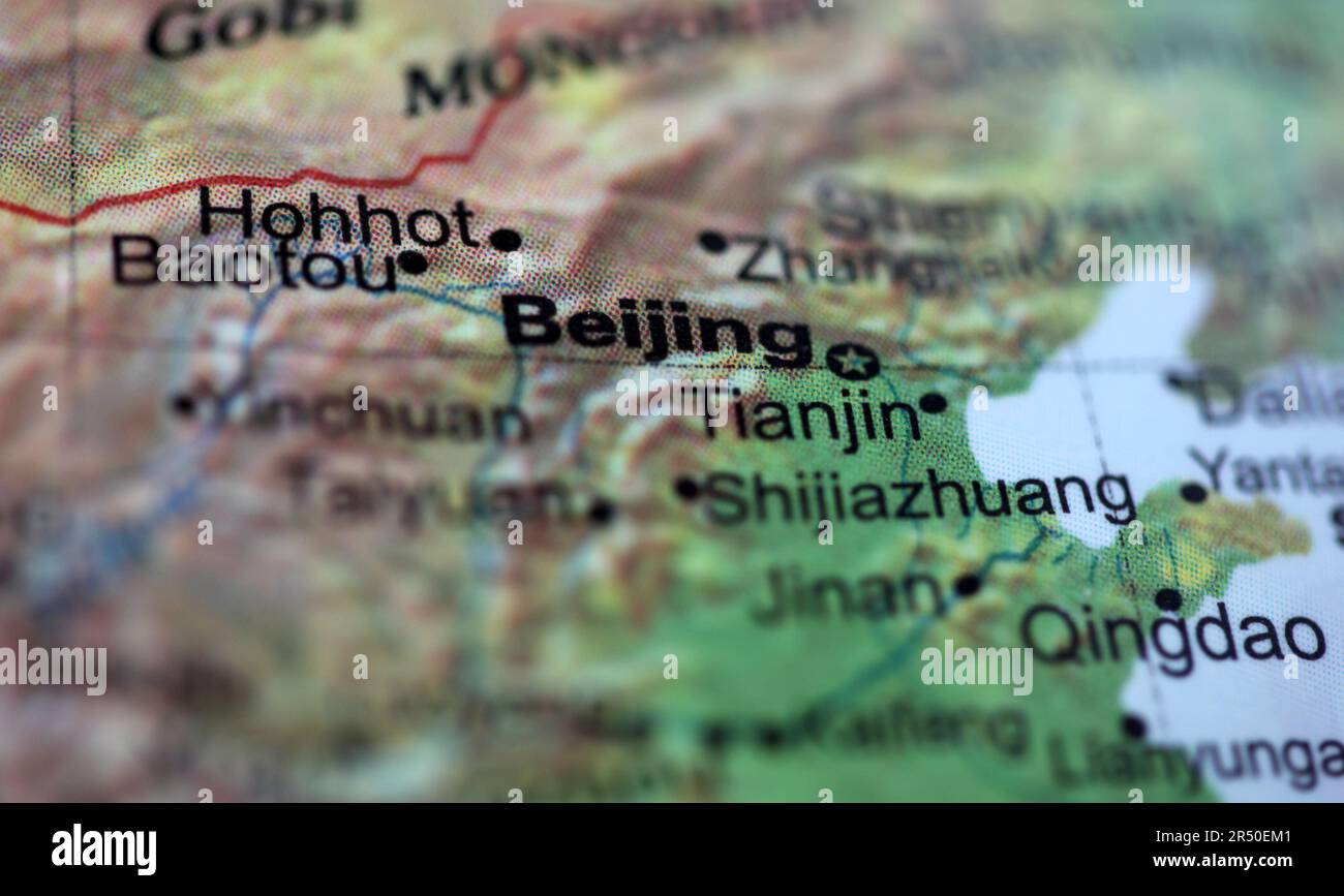 Closeup of Beijing China on a world globe. Deliberate Shallow depth of field Stock Photo
