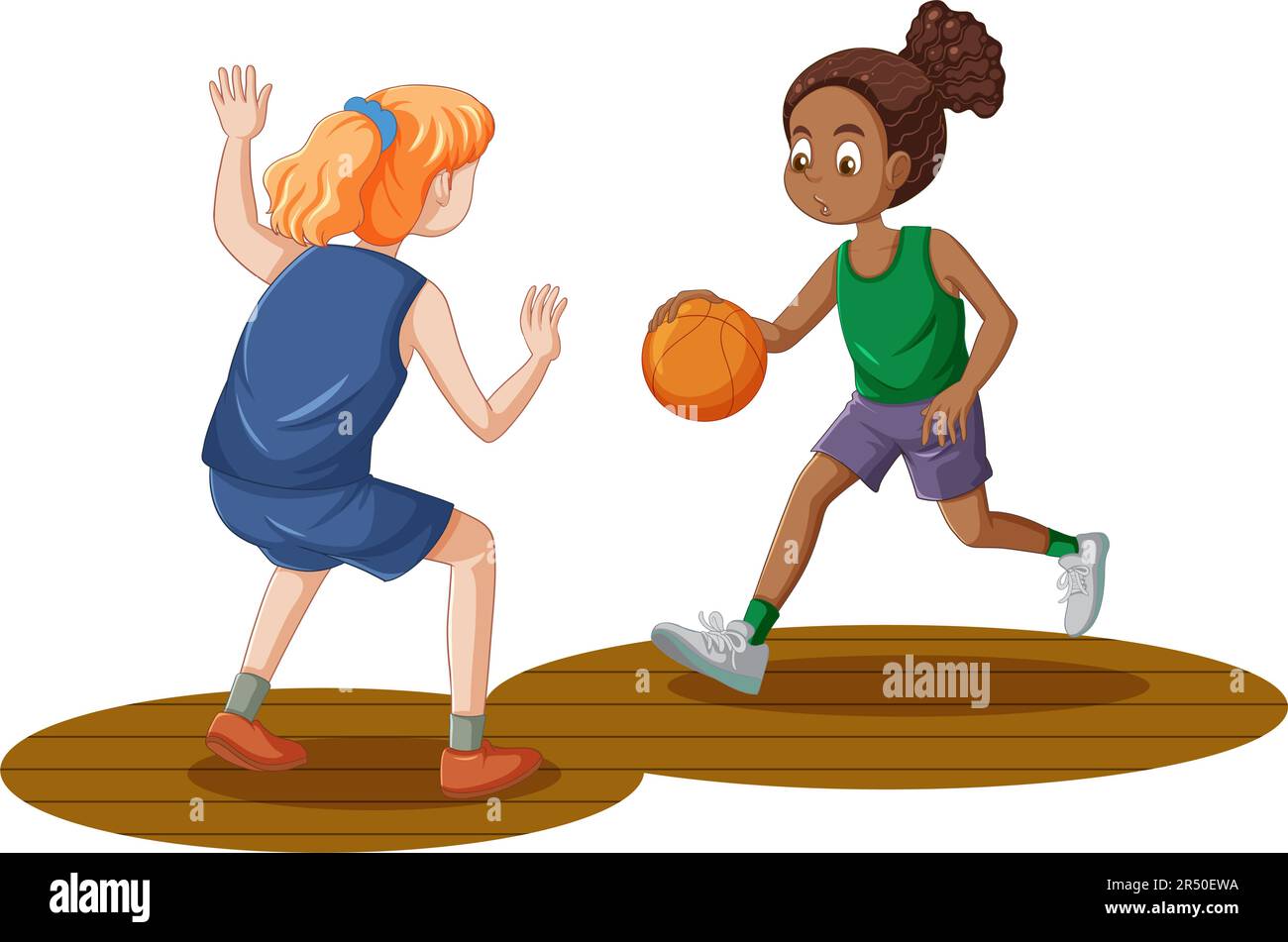 Two Adolescent Girls Playing Basketball illustration Stock Vector