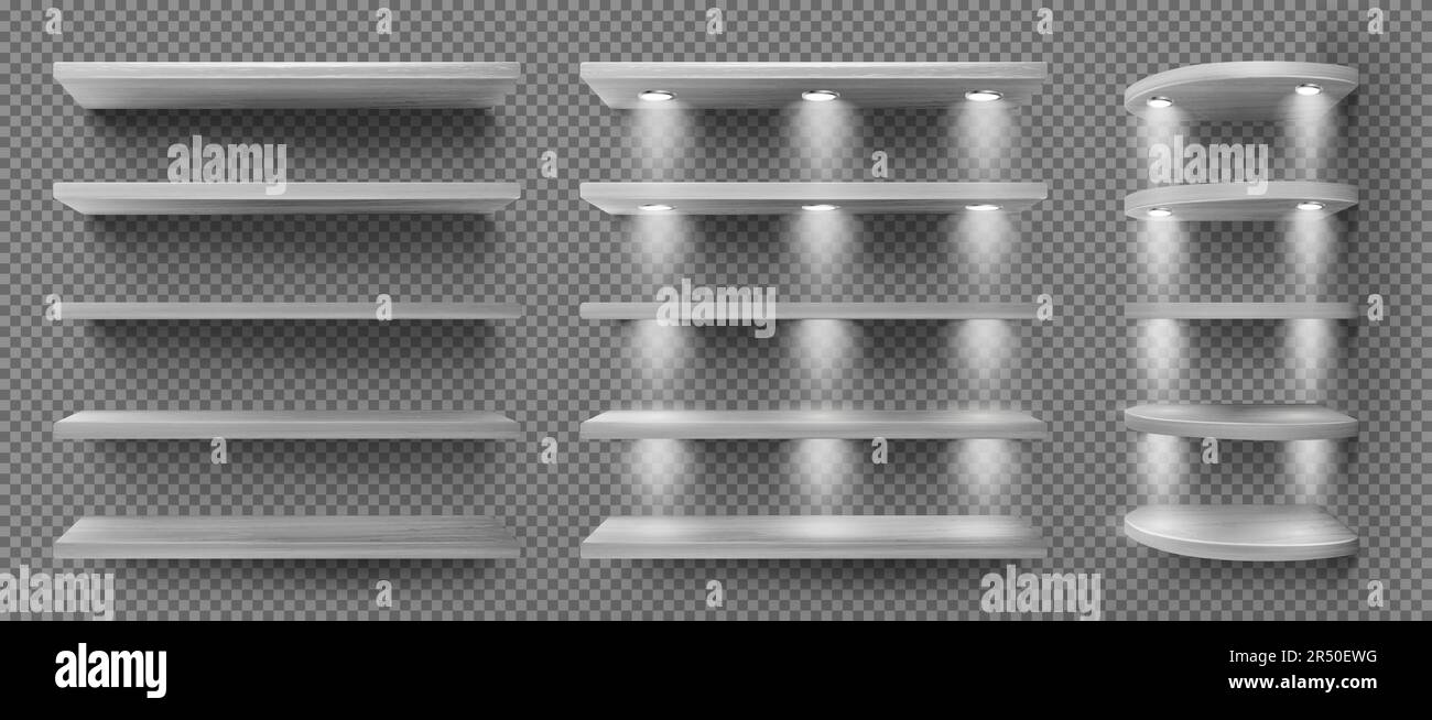 Gray wooden shelves with backlight, front and corner racks on transparent wall background. Empty clear illuminated ledges or bookshelves. Design element for room decoration, Realistic 3d vector Stock Vector