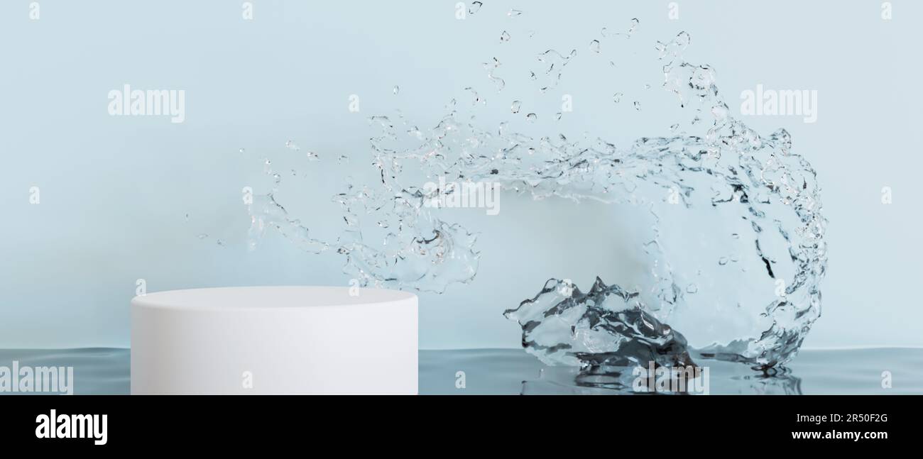 White round podium with water splash on light blue background. Mock up for product, cosmetic presentation. Pedestal or platform for beauty products Stock Photo