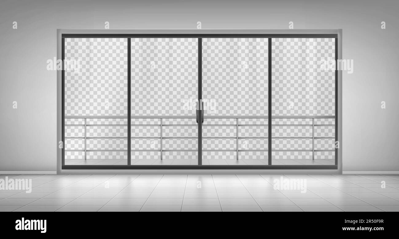 Glass window door with balcony railings and closed doors isolated on transparent background. Empty room with tiled floor, hotel apartment, mall, office interior design, Realistic 3d vector mock up Stock Vector