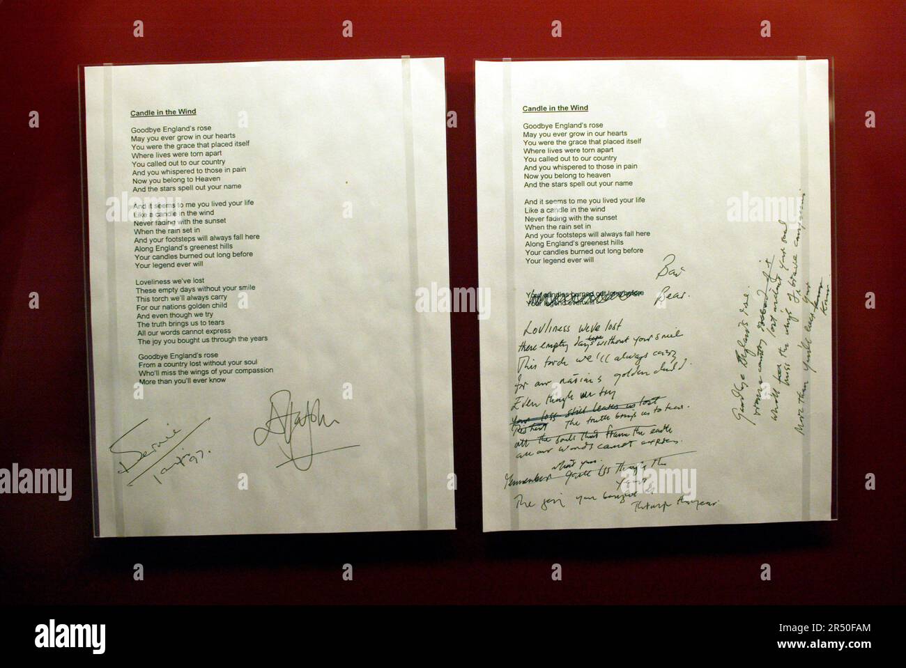 Elton John's 'Candle In The Wind' lyric sheet at the opening of Diana: A  Celebration, which displays a collection of Diana's garments and belongings  from the Spencer family home, Althorp. Powerhouse Museum,