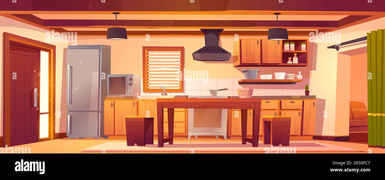 Kitchen interior in rustic house with wooden furniture and cooking appliances. Vector cartoon empty cuisine in western country style with fridge, microwave, stove and vintage dining table Stock Vector