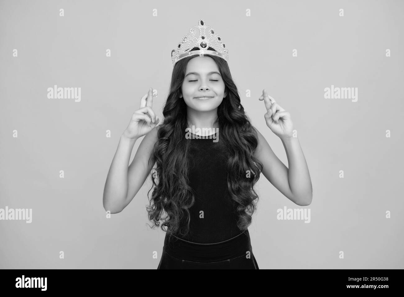 Girls party, funny kid in crown. Child queen wear diadem tiara. Cute