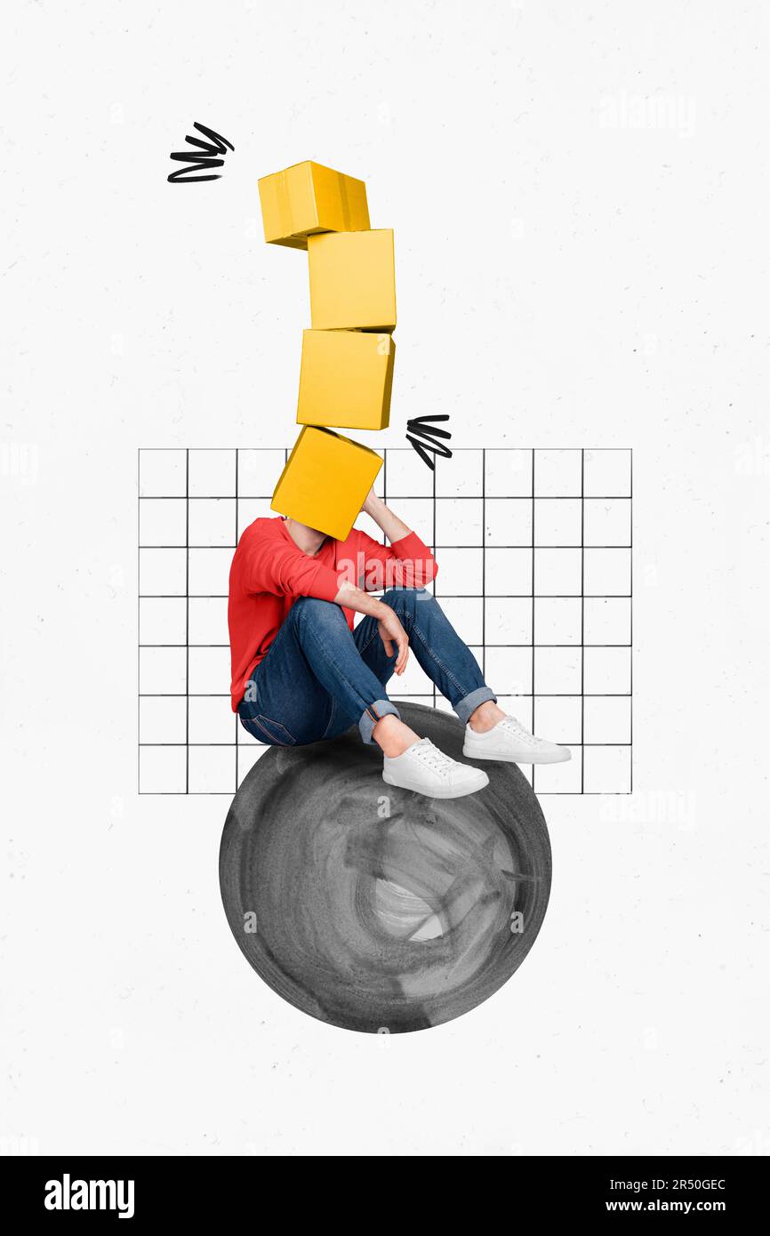 Advert poster banner collage of upset guy courier worker with cardboard