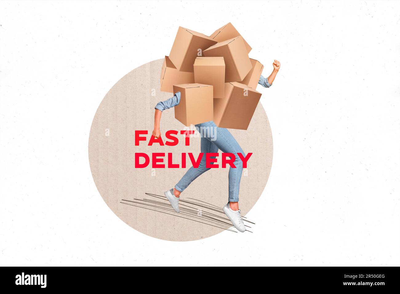 Creative poster banner collage of funky person with pile boxes body