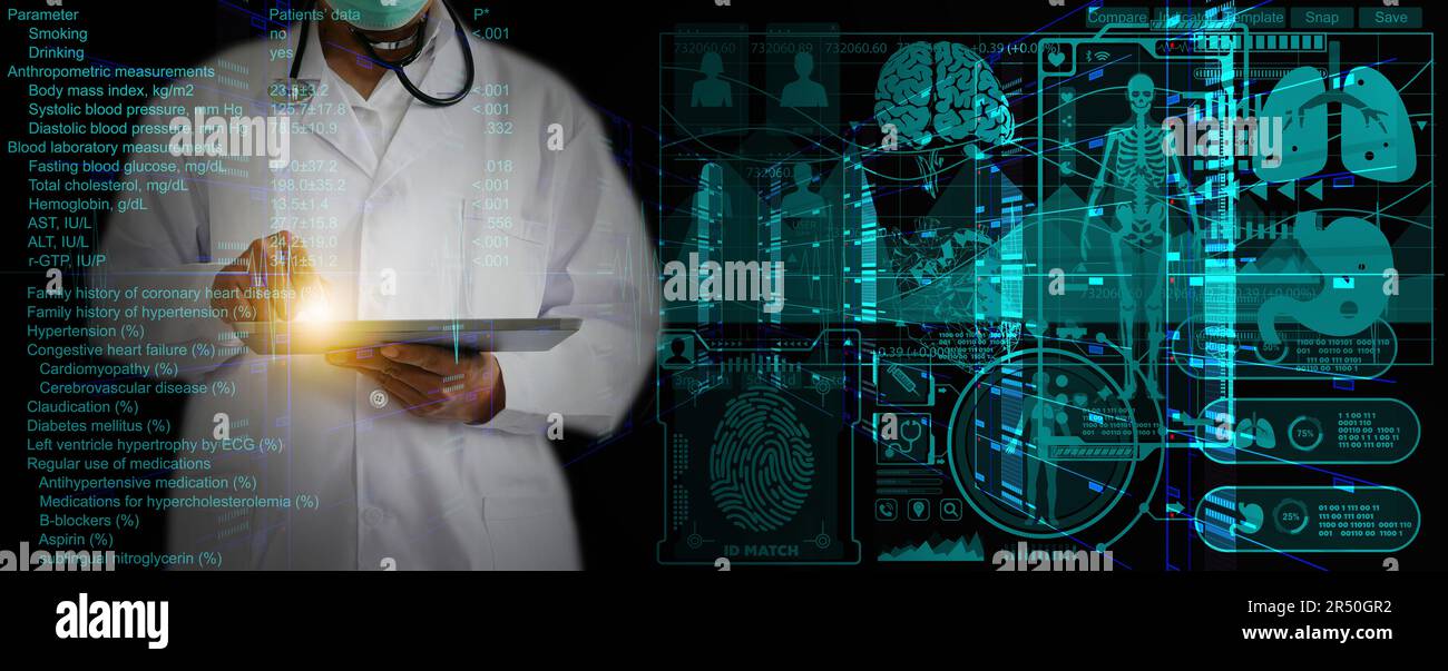 Medical Data and Health Information. A Doctor or Physician Uses a Tablet to Access Healthcare Database of Patients' Analyzed Datum. Medical Digital Re Stock Photo