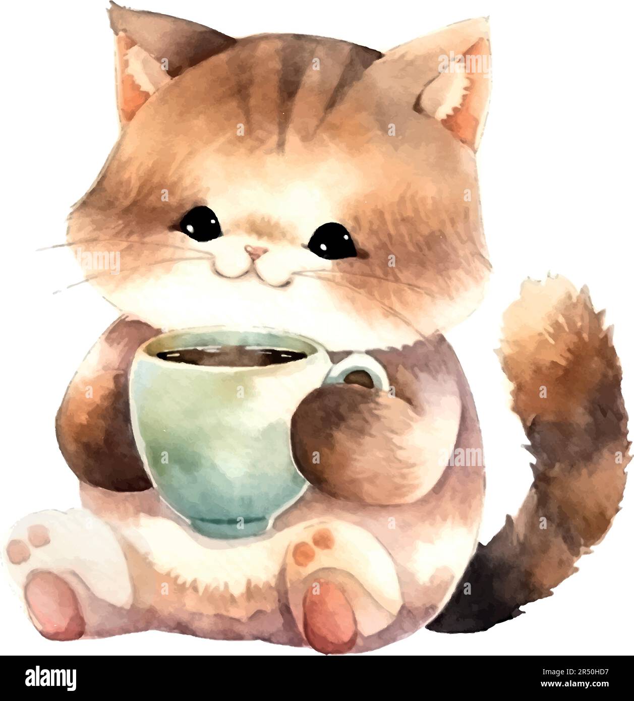 Sketch cat with cup of coffee watercolor for print design. Template, background, banner, card, poster. Cartoon style character. Love concept. Stock Vector