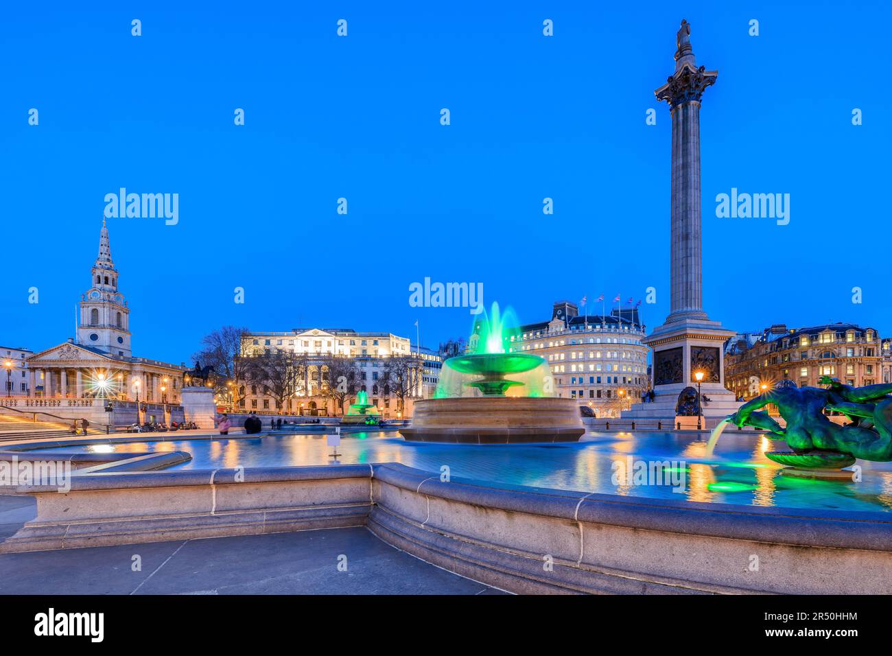 London, United Kingdom. Nelson's Column and water fountain at Trafalgar Square. Stock Photo