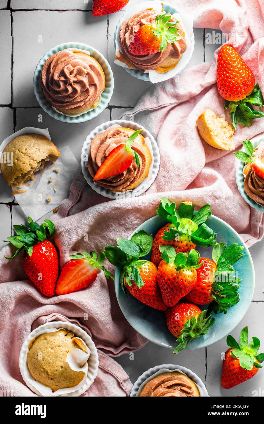 Vegan chocolate strawberry cupcakes Stock Photo