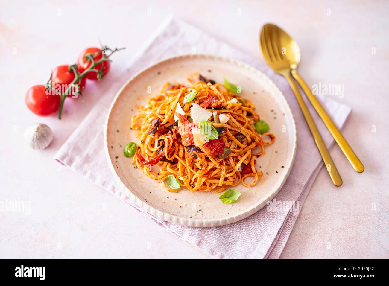 Spaghetti Puttanesca with homemade pasta (vegetarian Stock Photo Alamy