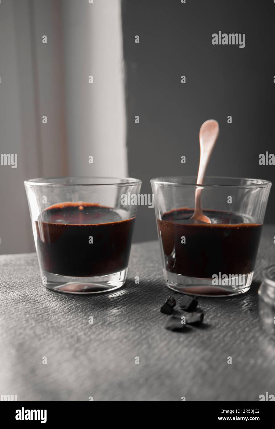 Chocolate flan in glasses Stock Photo