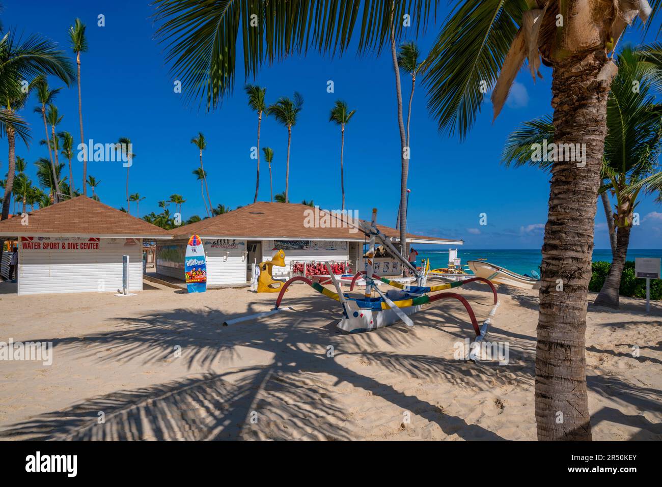 View of watersport shop on Bavaro Beach, Punta Cana, Dominican Republic, West Indies, Caribbean, Central America Stock Photo