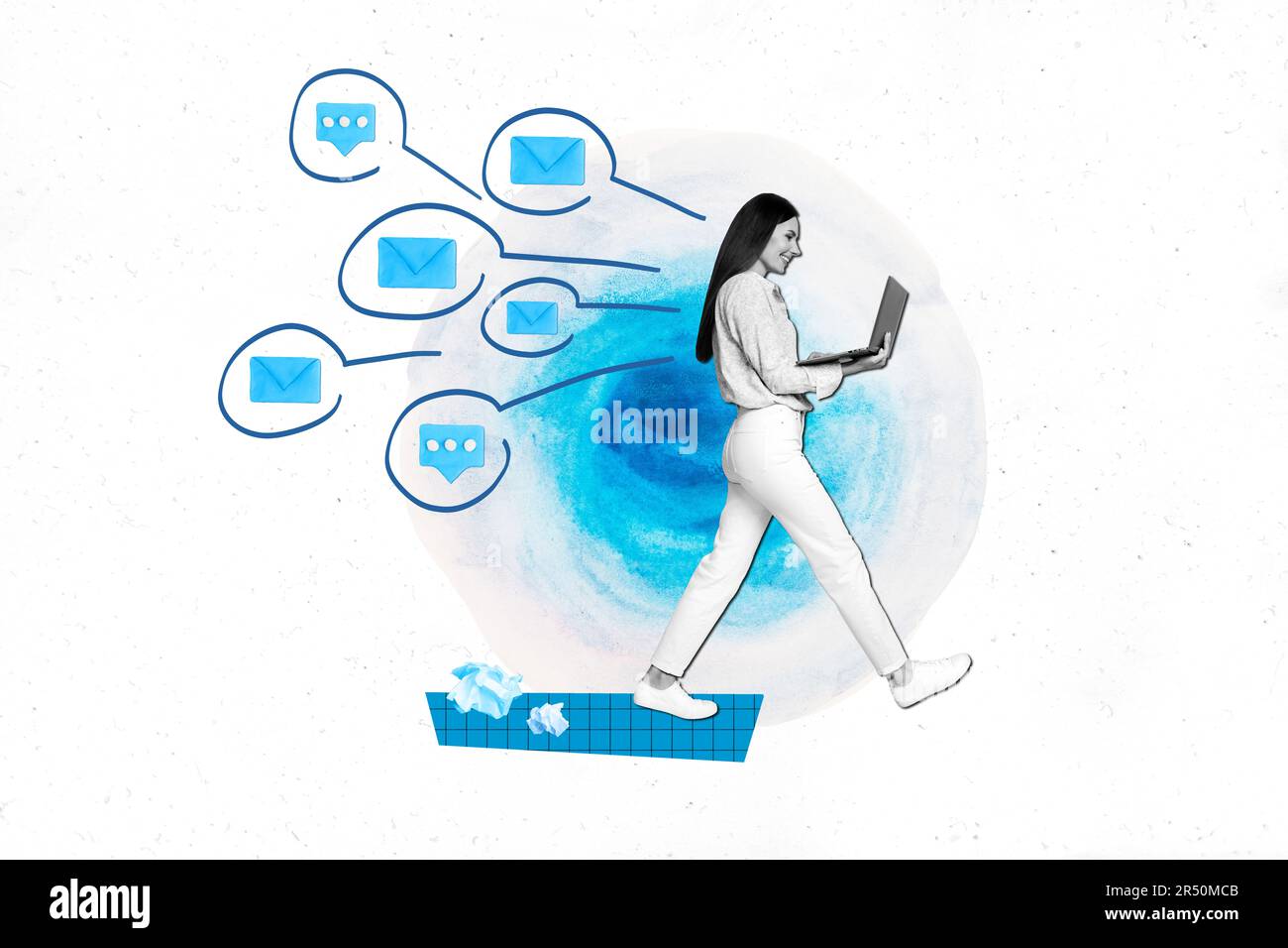 Drawing picture template collage of lady worker walk typing technology ...