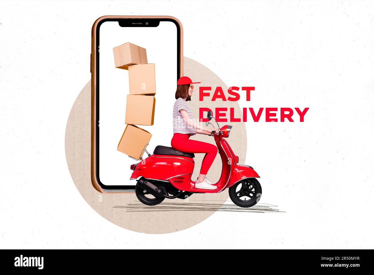 Creative magazine template collage of courier lady driving motor