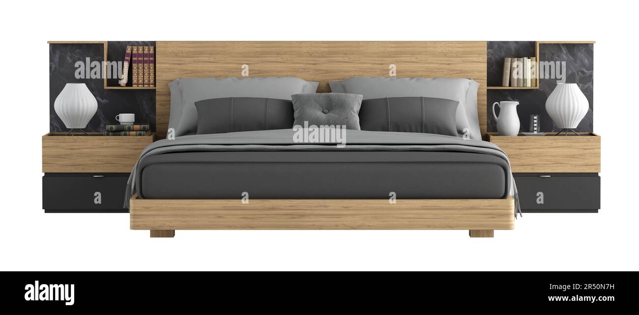 modern Bedroom with wooden and black bed isolated on white background