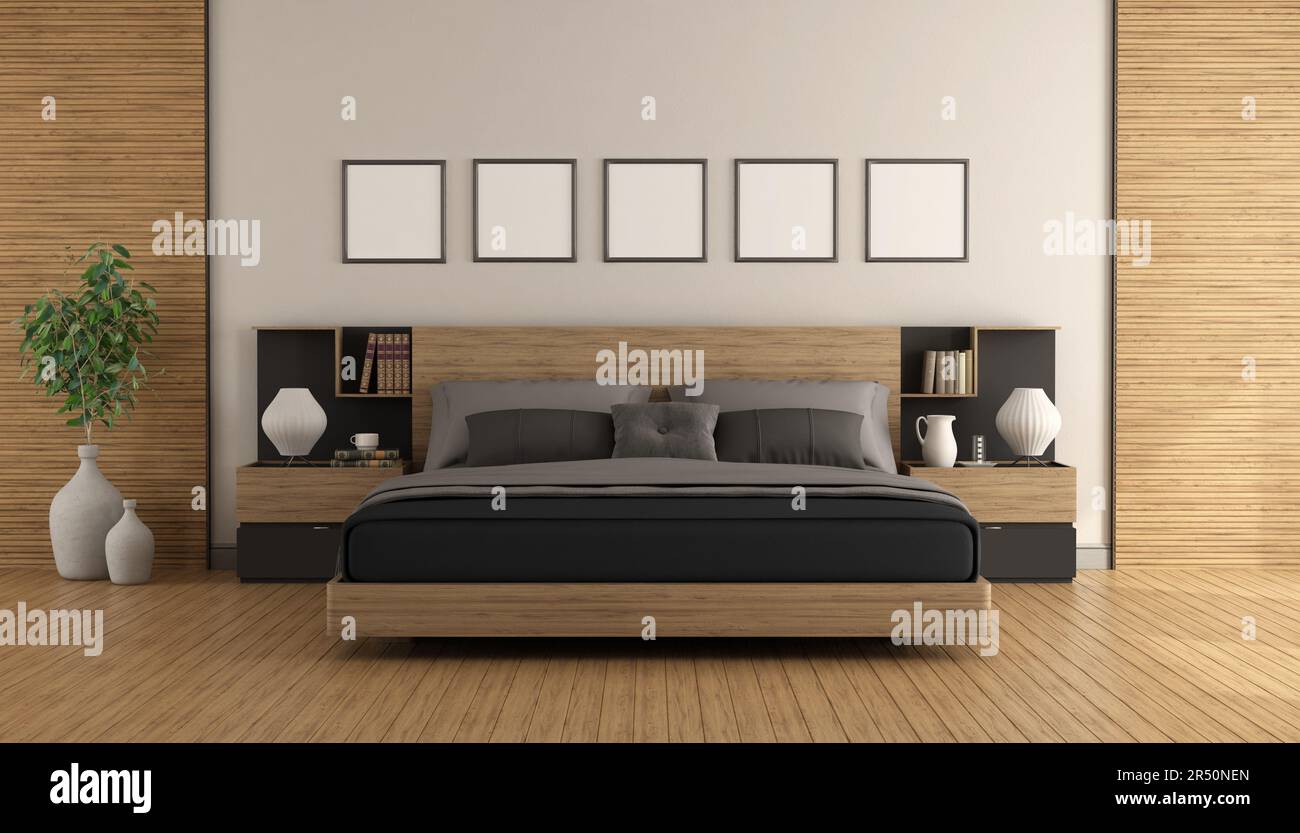 Master Bedroom with wooden and black bed isolated on white background ...