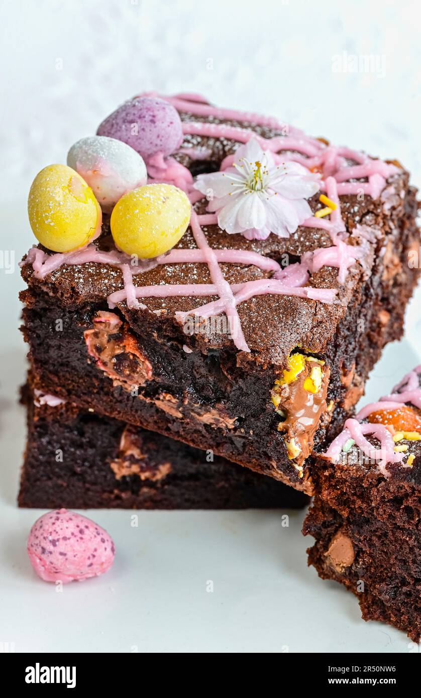 Brownies with mini sugar eggs (close up) Stock Photo