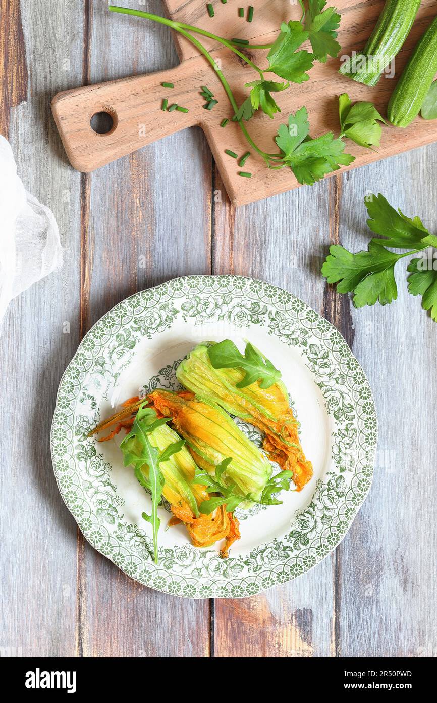 Courgette flowers with potato and caciocavallo filling Stock Photo Alamy