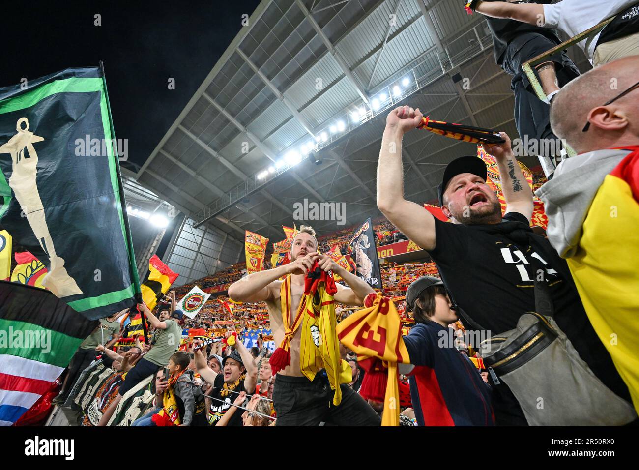 Lens, France. 27th May, 2023. fans and supporters of RC Lens in tribune  Marek pictured during a soccer game between t Racing Club de Lens and AC  Ajaccio, on the 37th matchday