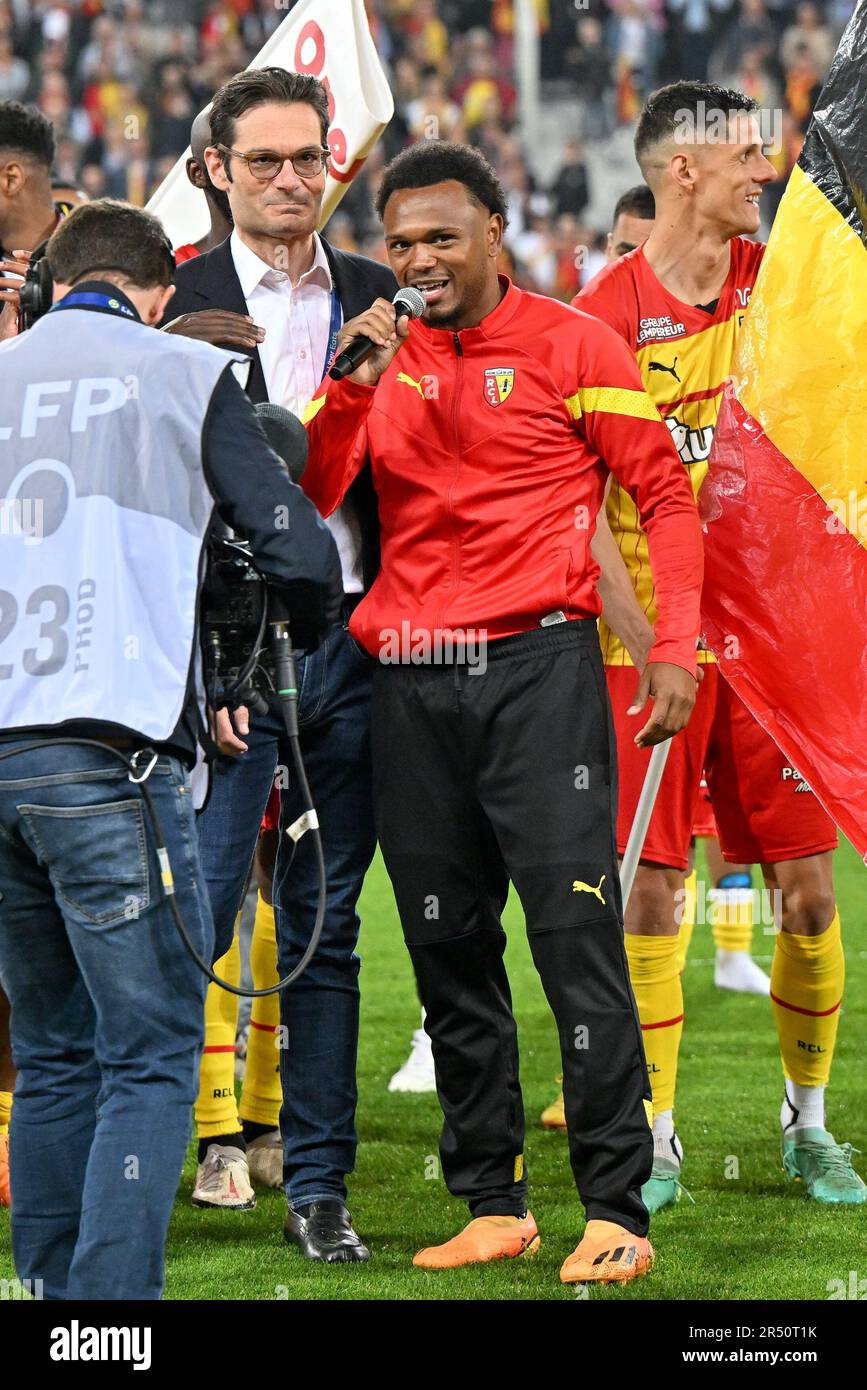 President Joseph Oughourlian of RC Lens pictured celebrating with his  players of RC Lens after winning a soccer game between t Racing Club de Lens  and AC Ajaccio, on the 37th matchday