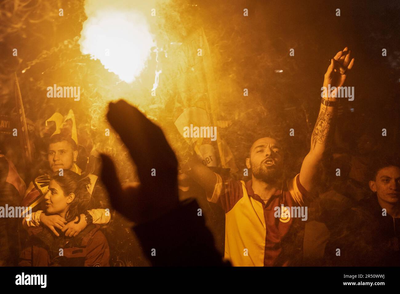 Ankara, Turkey. 31st May, 2023. Galatasaray fans light torches and cheers. Defeating MKE Ankaragucu 4-1 away in Spor Toto Super League, Galatasaray declared its championship 2 weeks before the end. The yellow-red team thus became the league champion for the 23rd time after 3 years. Reaching the championship in the 100th anniversary of the Republic of Turkey, the championship of Galatasaray was celebrated with enthusiasm in Turkey and in many parts of the world. Credit: SOPA Images Limited/Alamy Live News Stock Photo