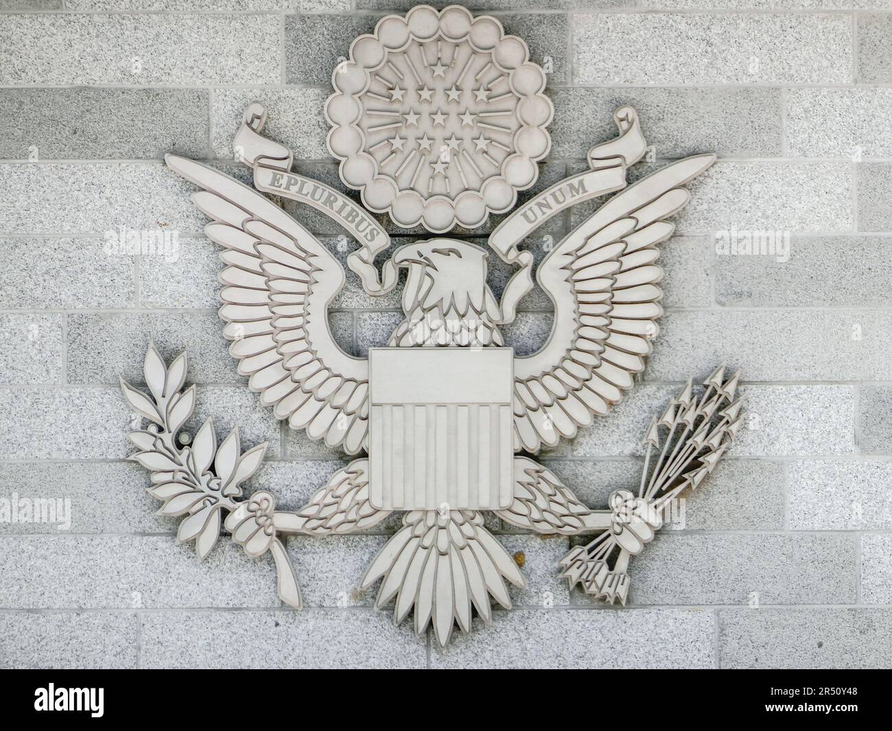 GUANGZHOU, CHINA September 4, 2014, American embassy logo close up. Stock Photo