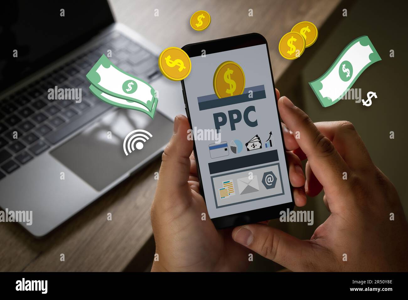 PPC - Pay Per Click concept Businessman working concept ppc. Stock Photo