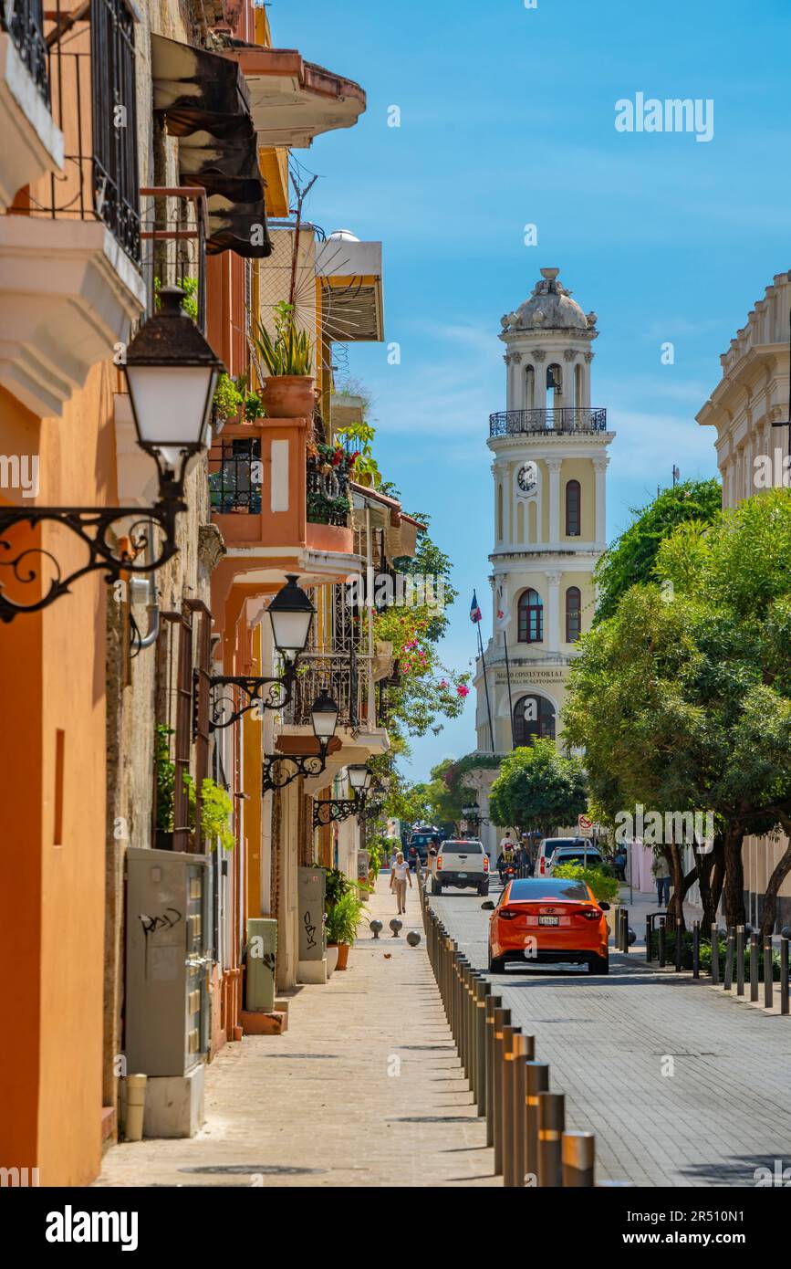 View of Palacio Consistorial de Santo Domingo, Town Hall and street, Santo Domingo, Dominican Republic, West Indies, Caribbean, Central America Stock Photo