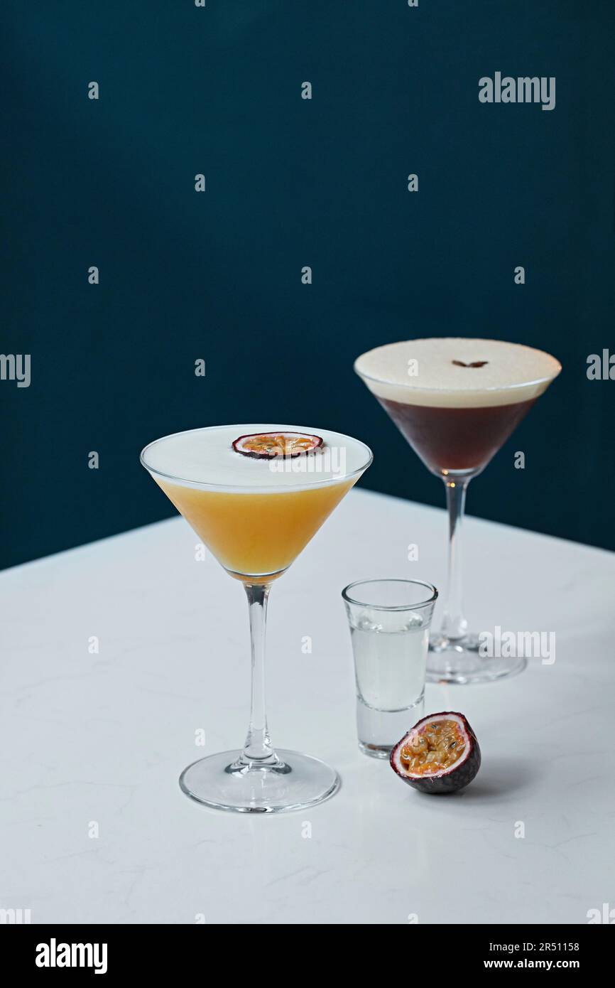 Passion fruit cocktail and espresso martini Stock Photo Alamy